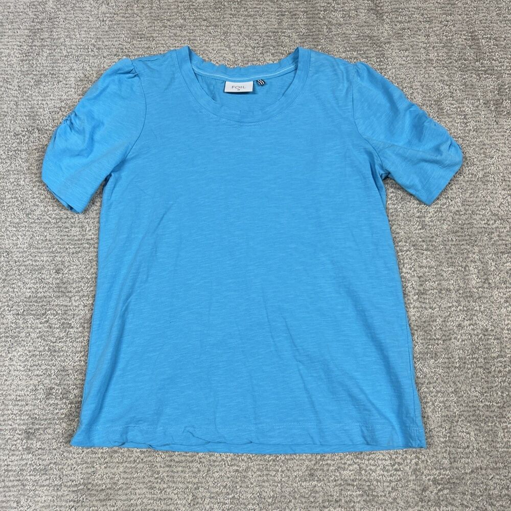 Foil Shirt Womens XS Aqua Blue Ruched Short Sleeve Cotton Comfort Top
